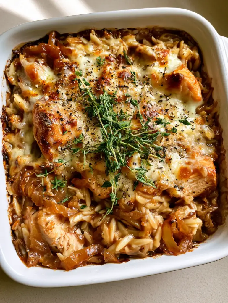 French Onion Chicken Orzo: The Ultimate One-Pan Comfort Meal 1 Overhead view of bubbling French Onion Chicken Orzo garnished with thyme and black pepper.