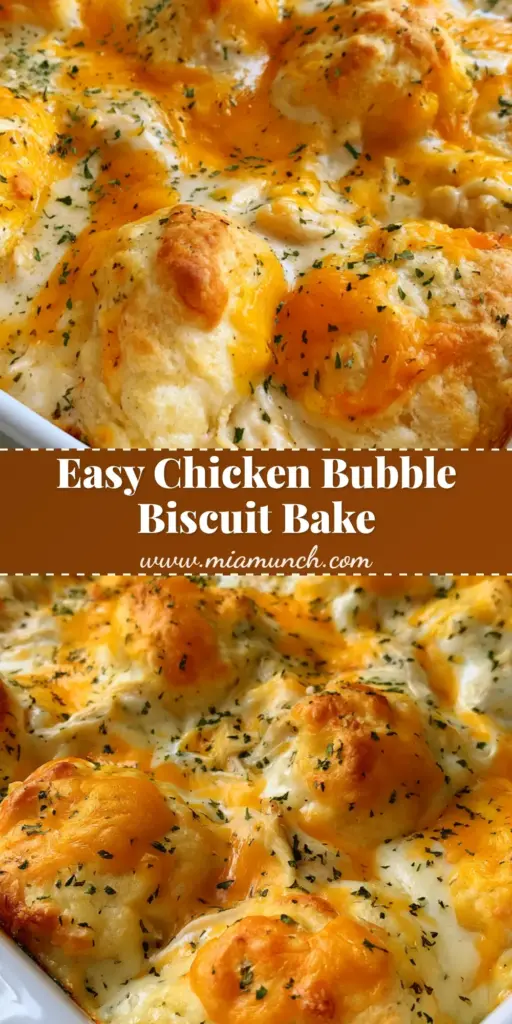 Chicken Bubble Biscuit Bake: The Ultimate Cheesy Comfort Food 4 A top-down view of Chicken Bubble Biscuit Bake in a white ceramic dish showing golden-brown puffed biscuits, melted orange cheddar, and green parsley flakes.