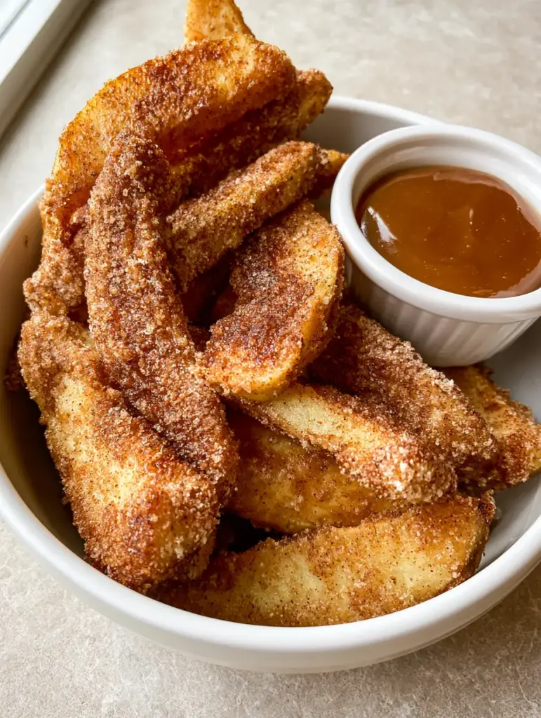 Thick-cut air fryer apple fries served with a ramekin of smooth amber caramel sauce on a grey background.