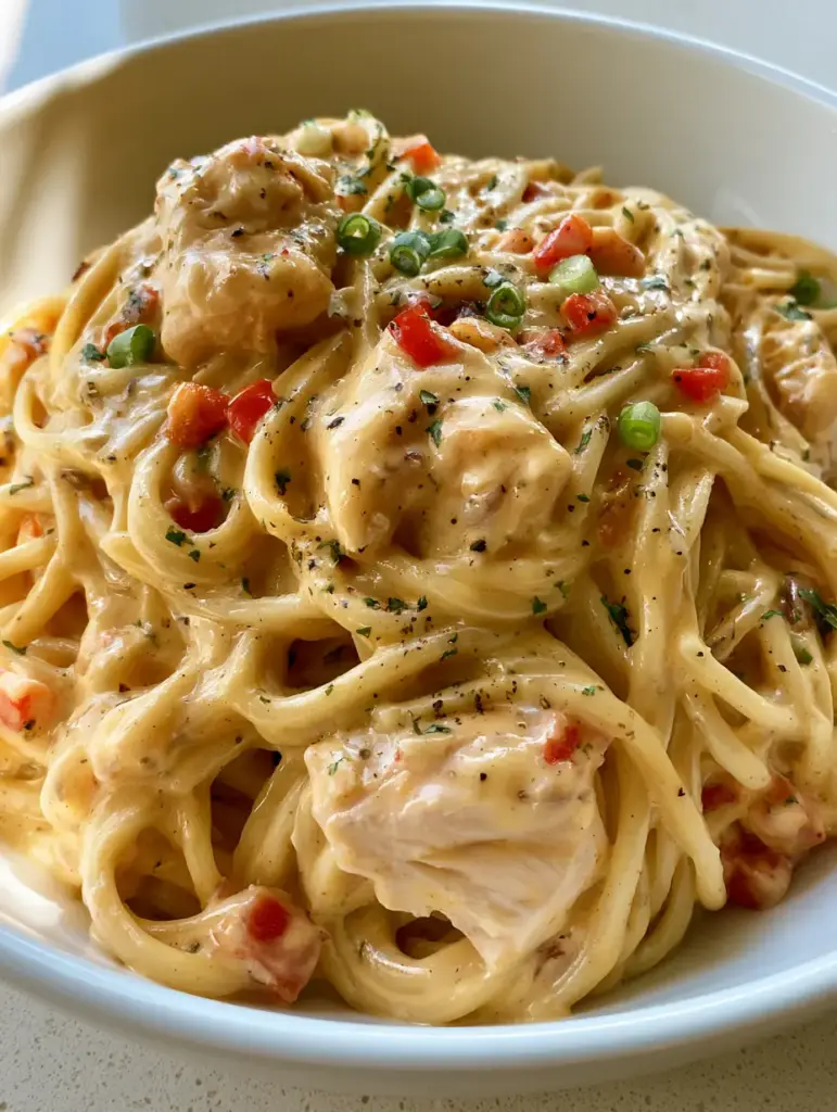 Creamy Chicken Spaghetti: The Ultimate Velvety Comfort Pasta 1 Close up of the glossy texture of Creamy Chicken Spaghetti with melted sharp cheddar and green onion garnish.