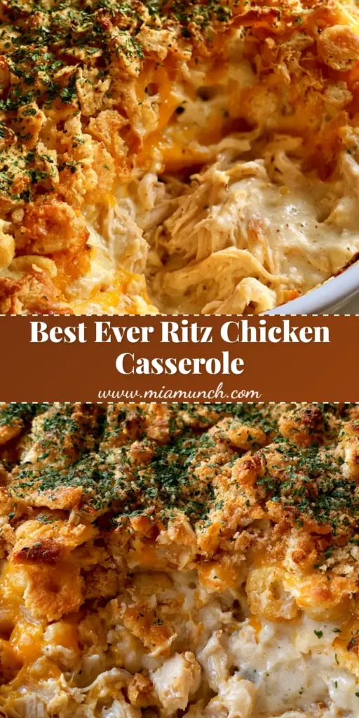 A handheld smartphone photo of a golden-brown Chicken Casserole in a white ceramic dish with bubbly cheese and Ritz crackers.