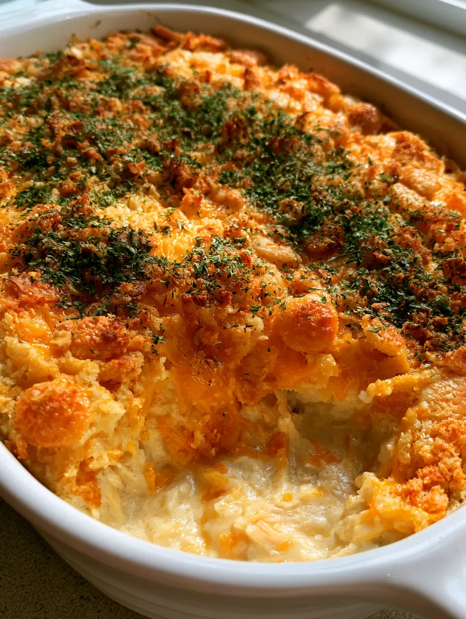 Close-up of shredded chicken breast in a creamy white sauce topped with golden Ritz crackers. (Chicken Casserole)
