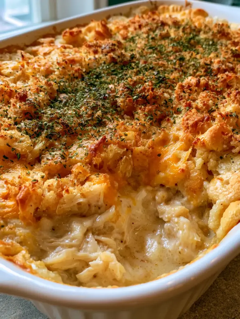 Overhead view of a Chicken Casserole showing the dense covering of parsley and melted cheddar cheese bubbling through crackers.
