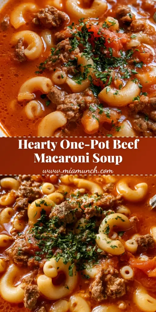 A handheld smartphone photo of Beef and Macaroni Soup in a white ceramic bowl with elbow macaroni, ground beef crumbles, and fresh parsley.