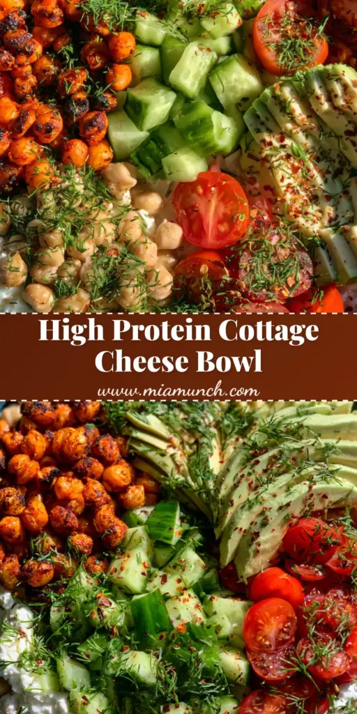 Cottage Cheese Chickpea Salad: The Ultimate High-Protein Lunch 4 A top-down view of a Cottage Cheese Chickpea Salad in a navy blue bowl featuring charred roasted chickpeas, cucumbers, tomatoes, and avocado.