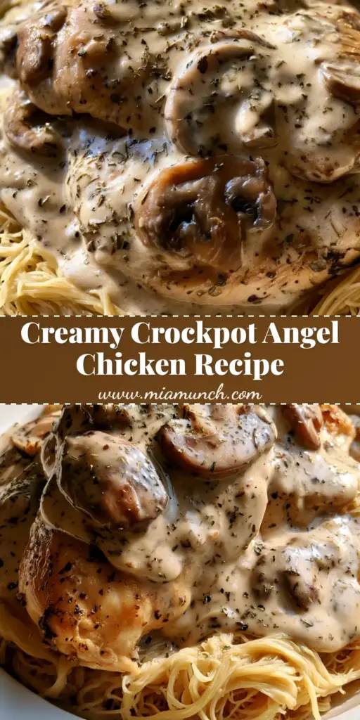 Crockpot Angel Chicken with Creamy Mushroom Sauce 3 A close-up vertical shot of Crockpot Angel Chicken served over angel hair pasta on a white plate, showing the thick ivory sauce with green herbs and mushrooms.