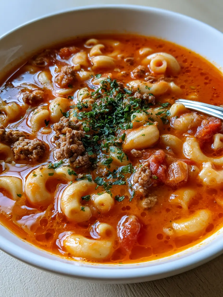 Close-up of Beef and Macaroni Soup showing rich tomato broth with oil droplets and green parsley garnish.