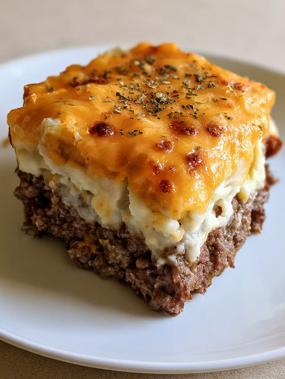 Cheesy Mashed Potato Meatloaf: The Ultimate Comfort Food Casserole 3 A close-up shot of Cheesy Mashed Potato Meatloaf showing the savory ground beef and smooth white mashed potato layers.