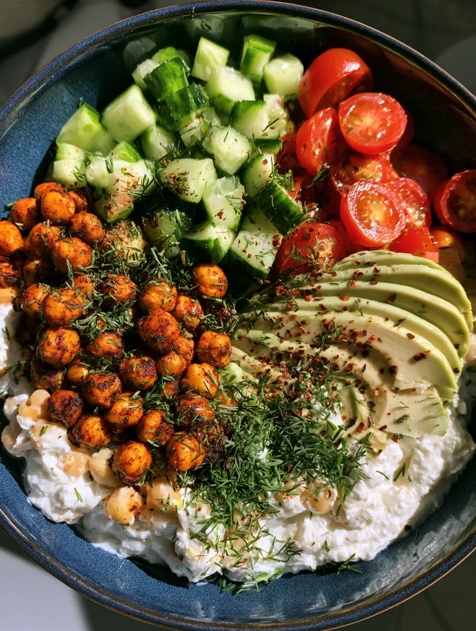 Cottage Cheese Chickpea Salad: The Ultimate High-Protein Lunch 3 Close up shot of creamy Cottage Cheese Chickpea Salad base with vibrant vegetable toppings in a blue bowl.
