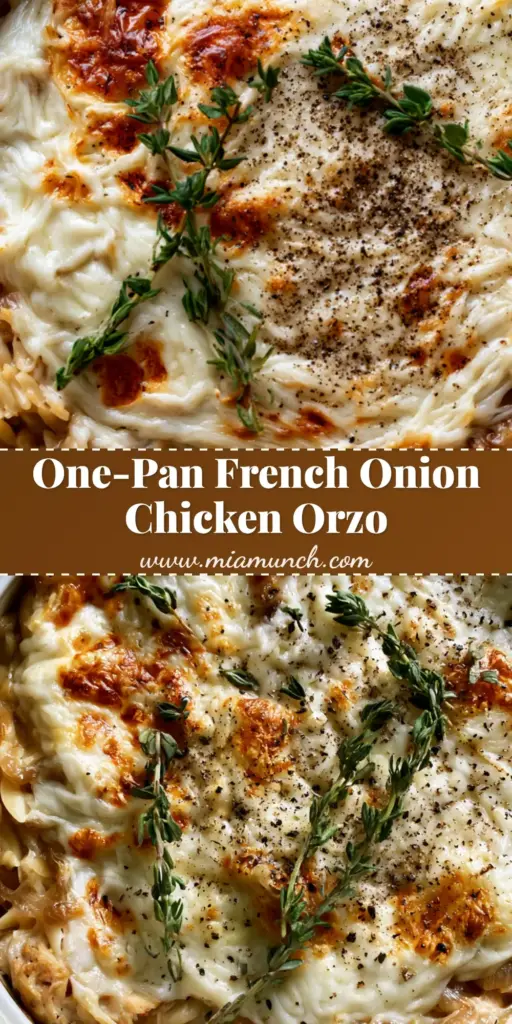A top-down view of French Onion Chicken Orzo in a white skillet featuring bubbly melted Gruyere cheese with golden toasted spots and fresh thyme sprigs.