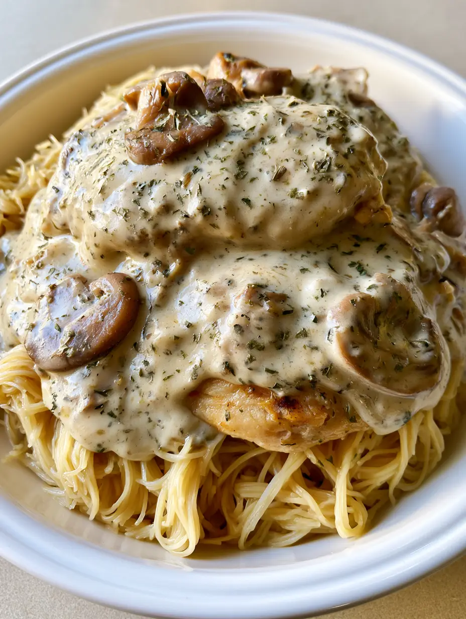 Crockpot Angel Chicken with Creamy Mushroom Sauce 4 Handheld smartphone photo of Crockpot Angel Chicken on a white ceramic plate, showing steamed angel hair pasta and creamy sauce flecked with herbs.