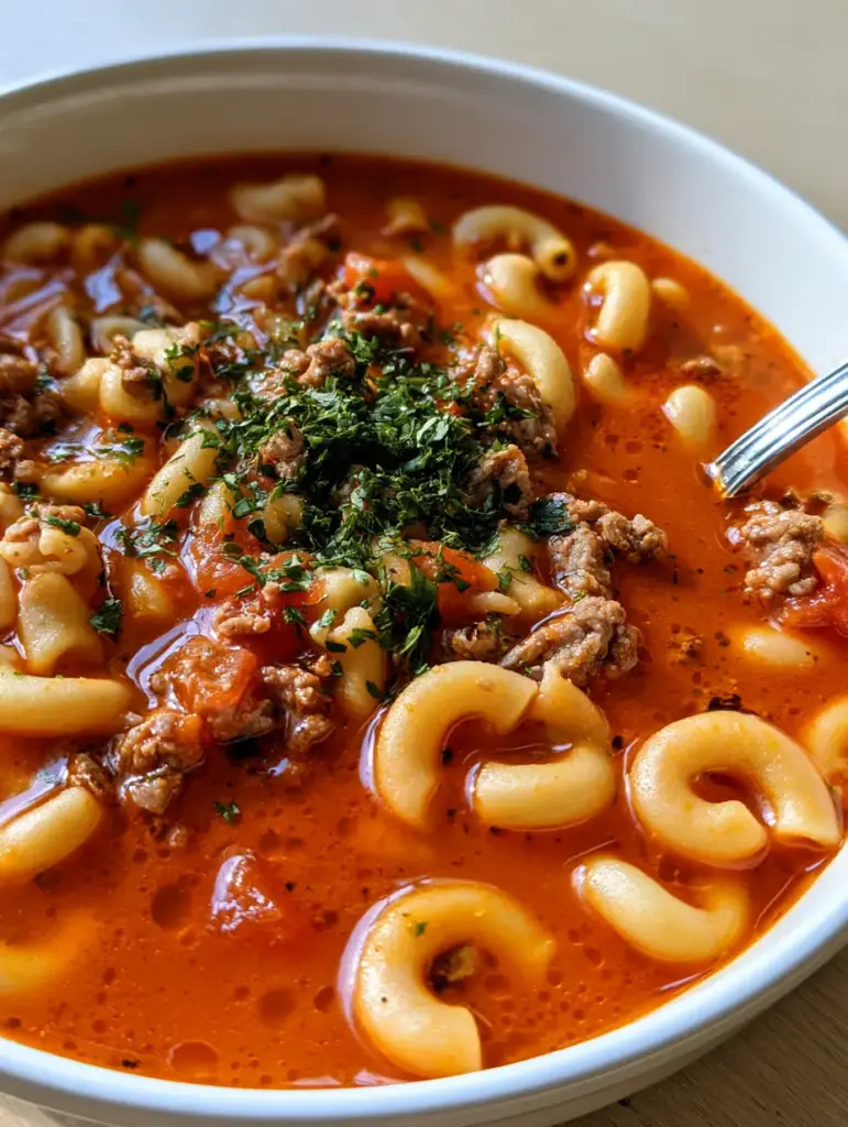 A silver spoon dipping into a white bowl of hearty Beef and Macaroni Soup on a wooden surface.
