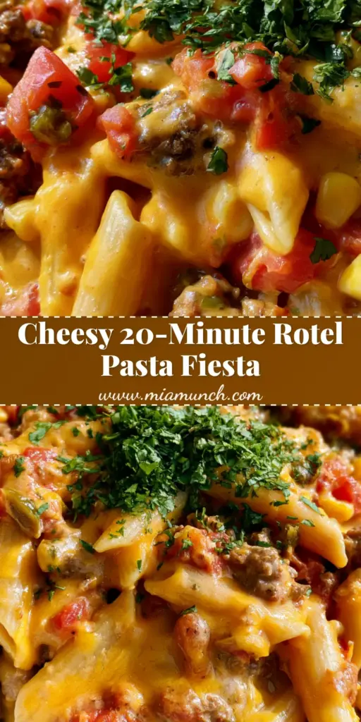 Rotel Pasta Fiesta: The Ultimate Cheesy Ground Beef Penne 4 A vertical close-up of Rotel Pasta Fiesta in a white bowl showing creamy Velveeta sauce and browned beef.