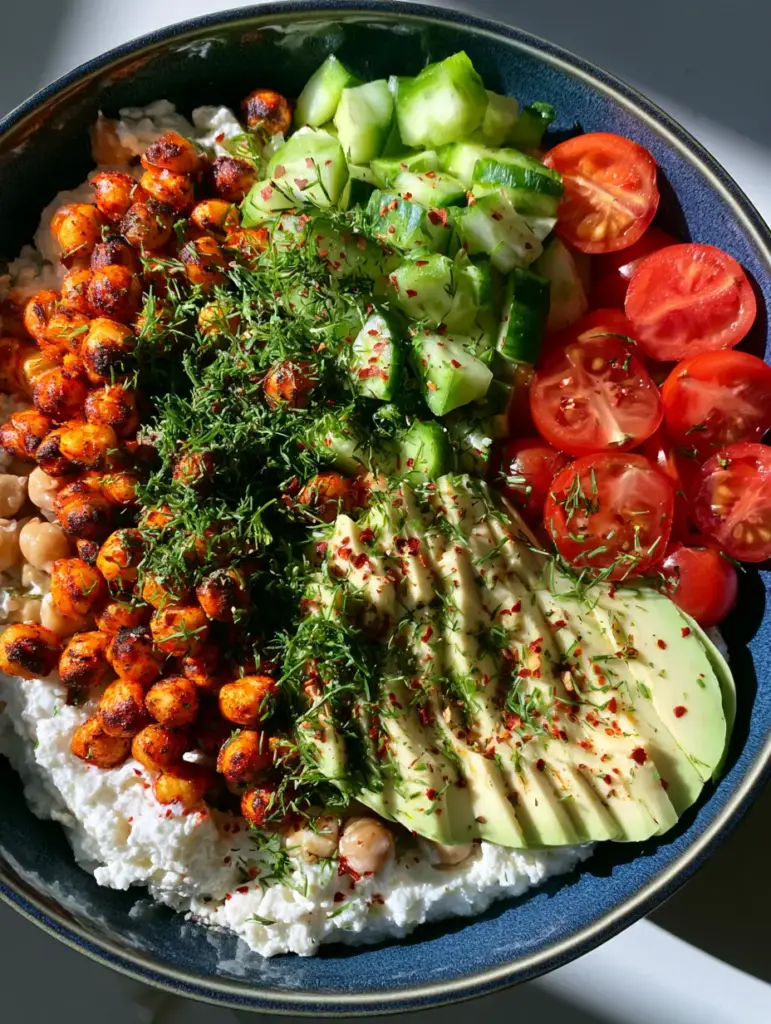Cottage Cheese Chickpea Salad: The Ultimate High-Protein Lunch 1 A handheld smartphone photo of a Cottage Cheese Chickpea Salad with charred orange chickpeas and fresh dill garnish.