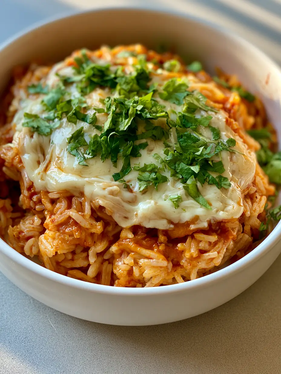 Cheesy Mexican Rice: The Gooey Restaurant-Style Side Dish You Crave 3 Close up shot of fluffy long-grain Cheesy Mexican Rice with a glossy white cheese topping and green cilantro flakes.