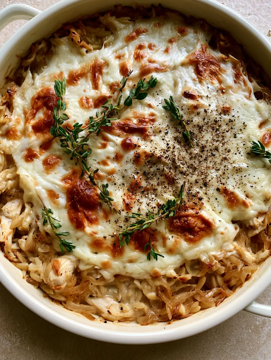 Close-up shot of French Onion Chicken Orzo with jammy caramelized onions and shredded chicken in a creamy pasta base.