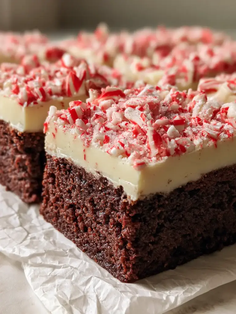 Peppermint Bark Brownies: The Ultimate Fudgy Holiday Dessert 2 Close-up of square-cut Peppermint Bark Brownies with thick dark chocolate base and creamy white chocolate top garnished with candy canes.