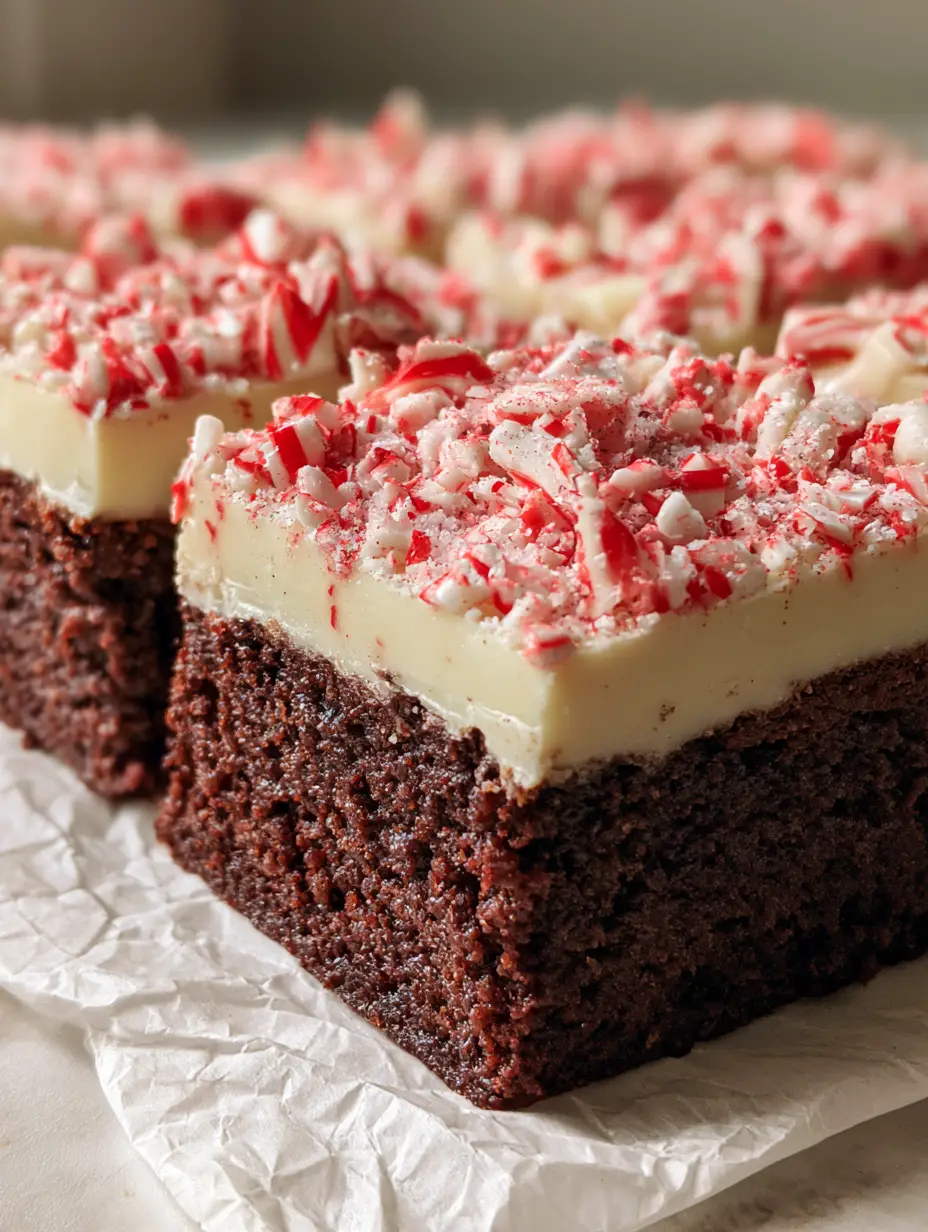 Peppermint Bark Brownies: The Ultimate Fudgy Holiday Dessert 3 Close-up of square-cut Peppermint Bark Brownies with thick dark chocolate base and creamy white chocolate top garnished with candy canes.