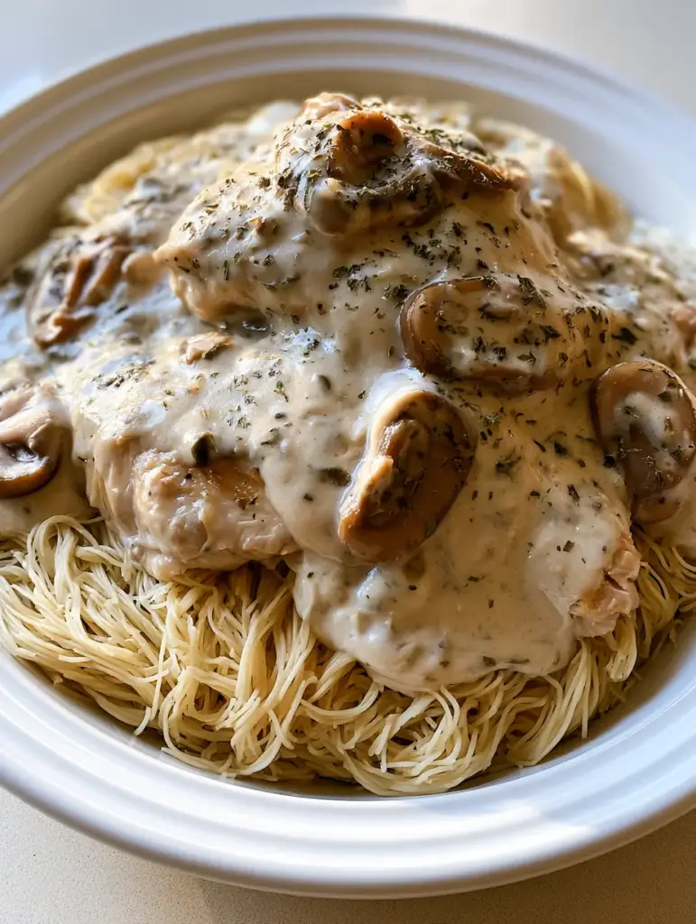 Crockpot Angel Chicken with Creamy Mushroom Sauce 1 Close-up of sliced brown mushrooms and dried Italian herbs in an opaque ivory cream sauce over Crockpot Angel Chicken.