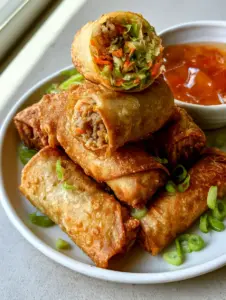 Close up of several golden brown deep-fried egg rolls showing tiny air bubbles on the thin crispy wrappers.