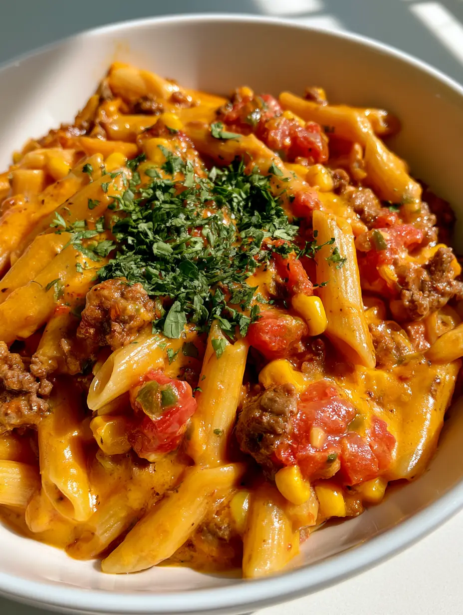 Rotel Pasta Fiesta: The Ultimate Cheesy Ground Beef Penne 3 Overhead shot of Rotel Pasta Fiesta with penne, yellow cheese sauce, corn, and cilantro garnish.