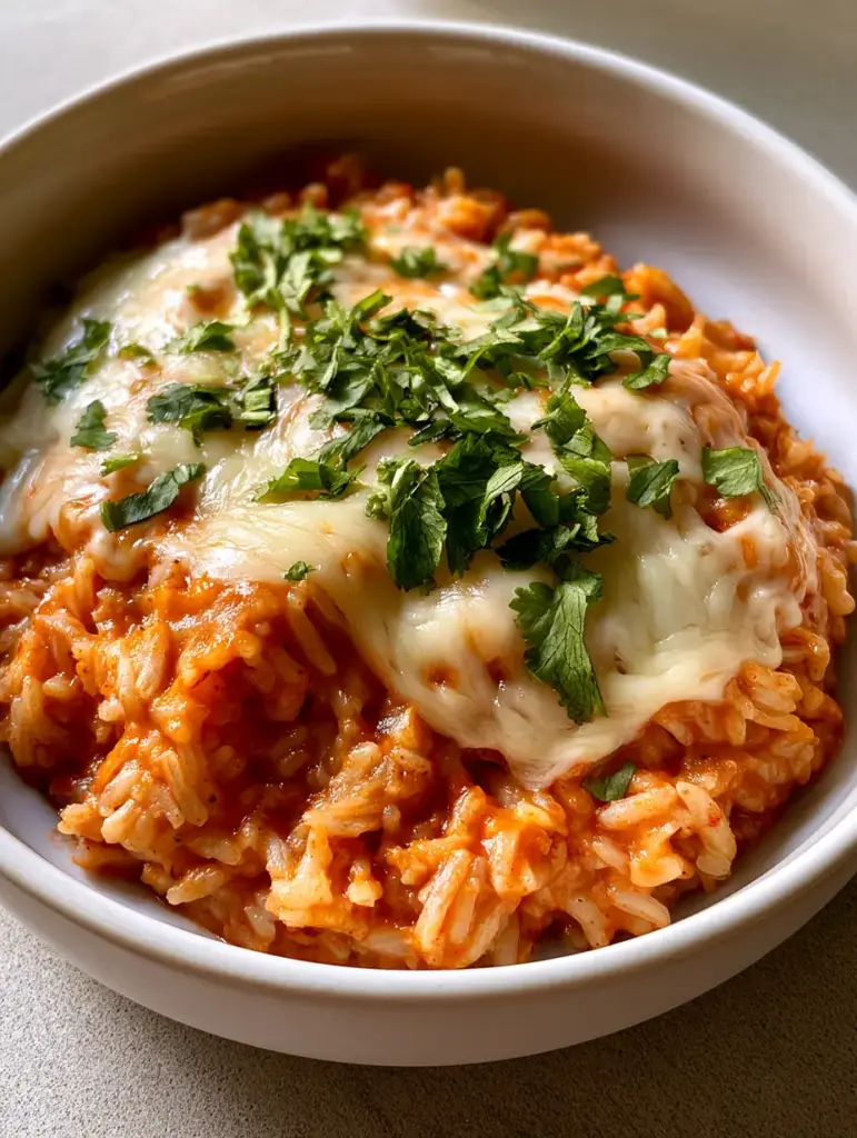 Cheesy Mexican Rice: The Gooey Restaurant-Style Side Dish You Crave 1 Top down handheld photo of a white bowl containing vibrant orange-red Mexican rice covered in heavy melted white cheese.