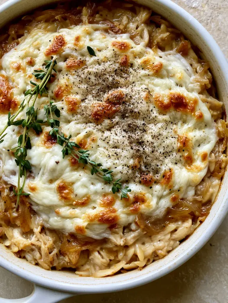A round white ceramic skillet containing French Onion Chicken Orzo topped with toasted Gruyere and black pepper.