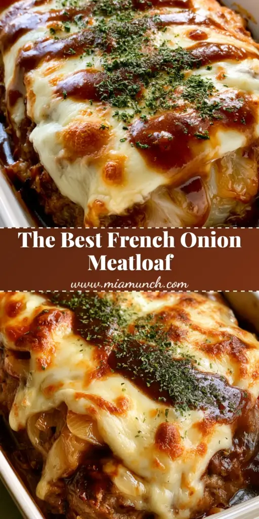 French Onion Meatloaf with Bubbly Swiss and Caramelized Onions 4 A thick slice of French Onion Meatloaf in a white ceramic dish topped with bubbly Swiss cheese, caramelized onions, and glossy gravy. (French Onion Meatloaf)