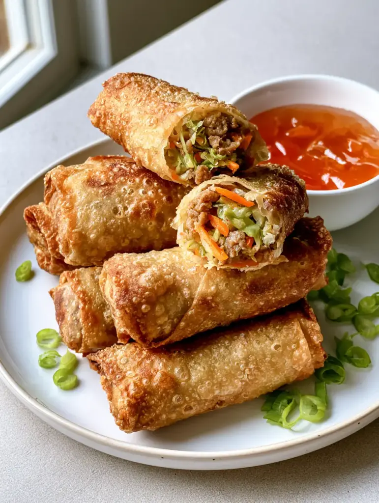Crispy Homemade Egg Rolls: Better Than Takeout Restaurant Style 1 A sliced Crispy Homemade Egg Roll revealing a dense filling of shredded green cabbage, orange carrots, and savory meat.