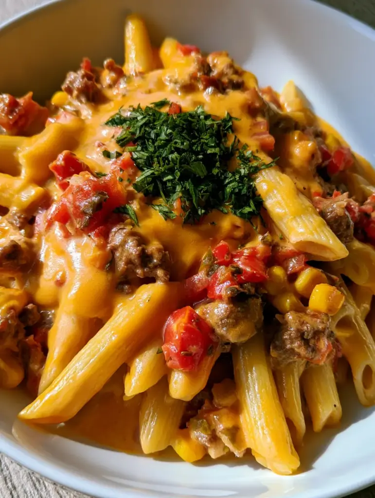 Rotel Pasta Fiesta: The Ultimate Cheesy Ground Beef Penne 1 Handheld smartphone style photo of Rotel Pasta Fiesta in a white ceramic bowl.