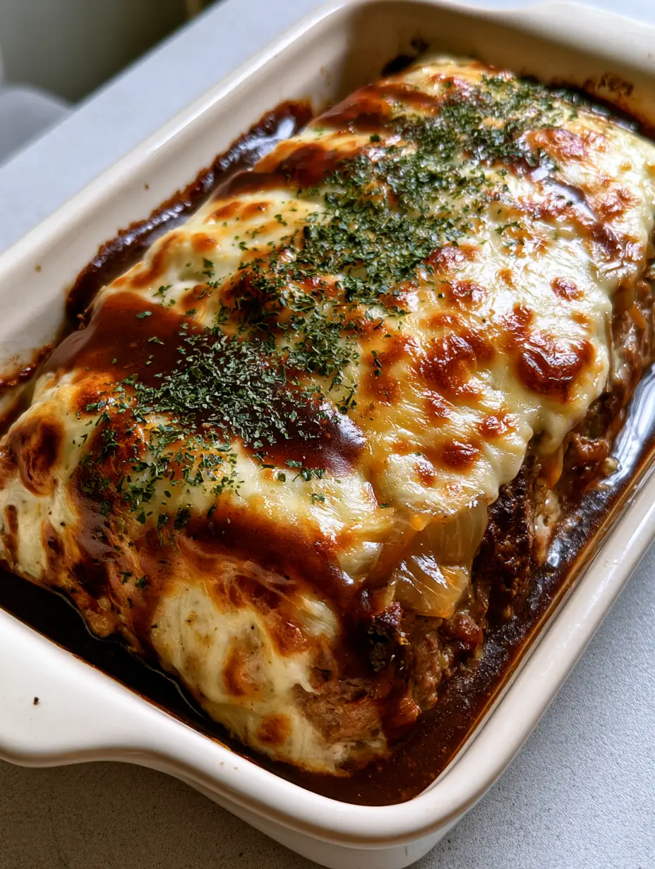 French Onion Meatloaf with Bubbly Swiss and Caramelized Onions 3 Close-up of a French Onion Meatloaf with melted Swiss cheese showing golden-brown spots and parsley flakes. (French Onion Meatloaf)