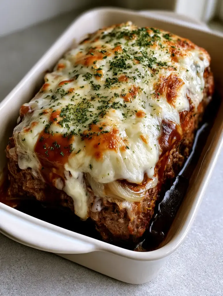 French Onion Meatloaf with Bubbly Swiss and Caramelized Onions 1 A full view of the white rectangular ceramic baking dish with French Onion Meatloaf and glossy brown gravy.