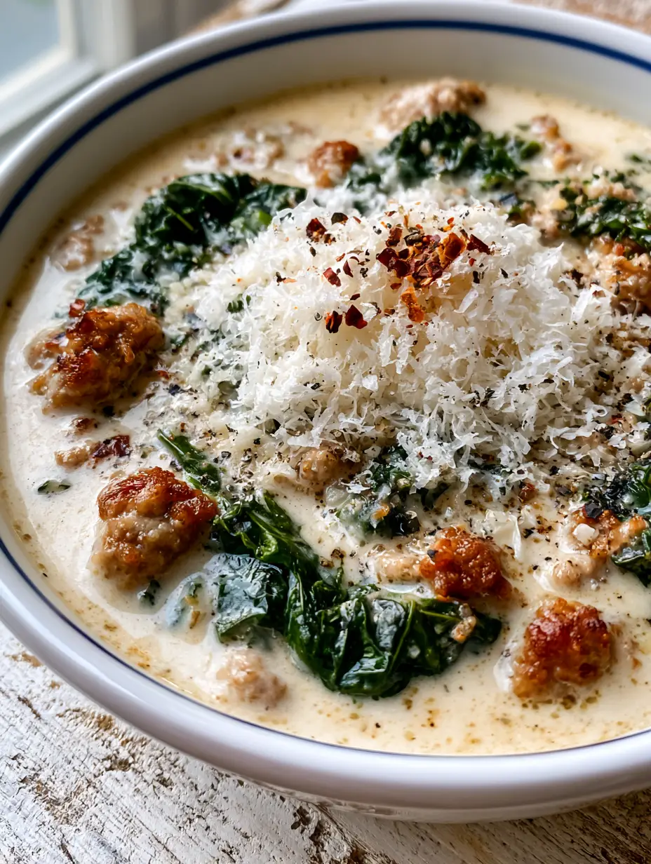 Close up of creamy ivory broth in a Creamy Parmesan Sausage Soup with dark green kale and seared pork crumbles.