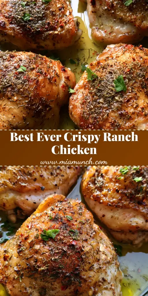 Baked Ranch Chicken Thighs with Extra Crispy Skin 3 A close-up vertical shot of four golden brown Baked Ranch Chicken Thighs in a cast iron skillet, garnished with fresh parsley and red pepper flakes.
