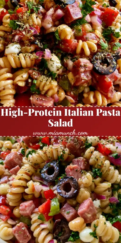 A close-up vertical shot of a High-Protein Italian Pasta Salad in a white bowl, showing colorful peppers, salami, and mozzarella pearls.