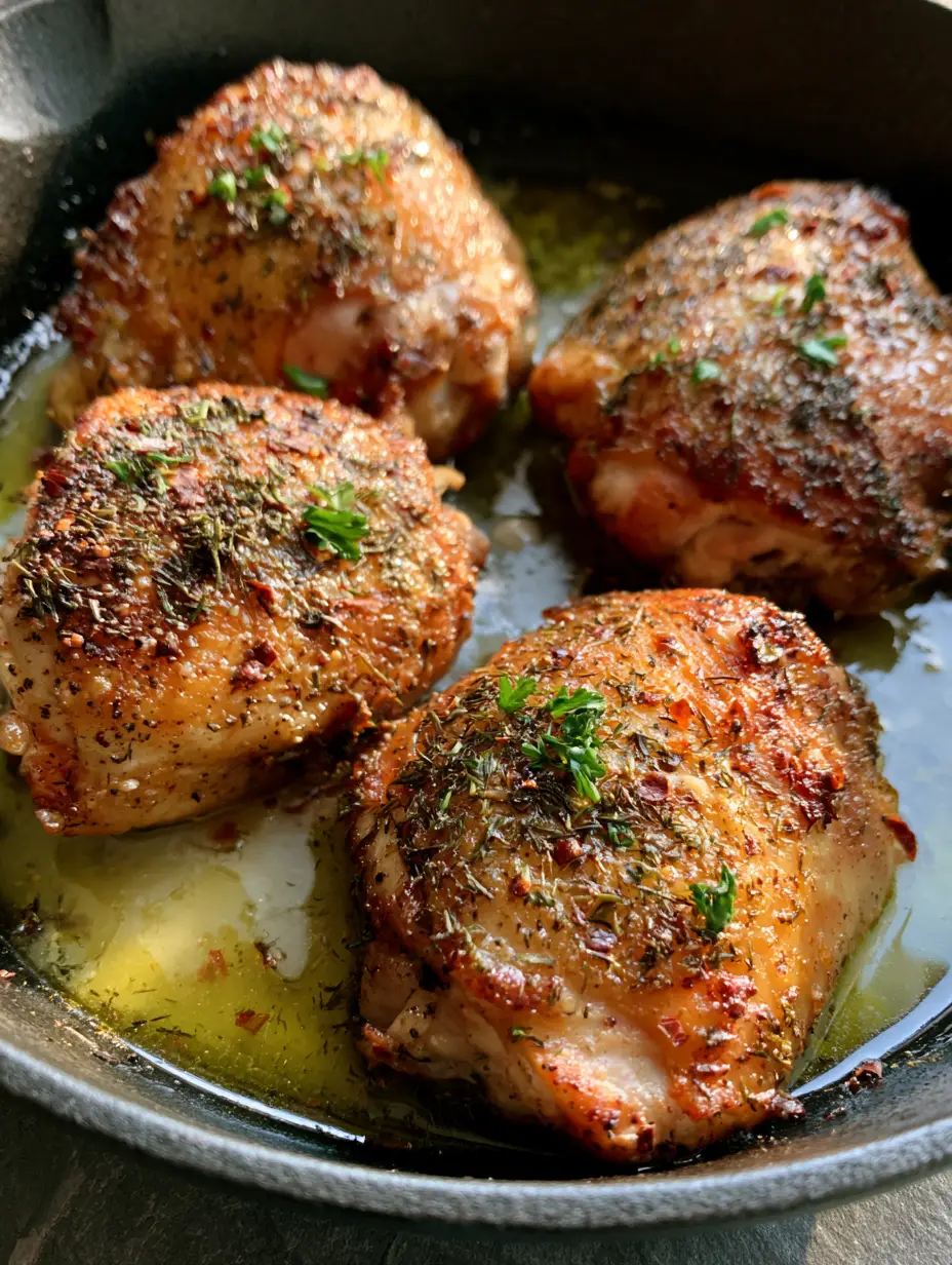 Baked Ranch Chicken Thighs with Extra Crispy Skin 4 A smartphone photo of four Baked Ranch Chicken Thighs in a dark cast iron skillet showing clear yellow rendered fat and crispy textured skin.