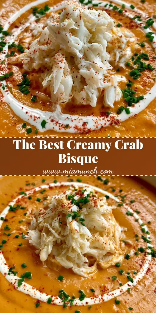 A top-down smartphone photo of a white ceramic bowl containing thick orange crab bisque, topped with a mound of white lump crab, a cream swirl, chives, and paprika. (Crab Bisque Recipe)
