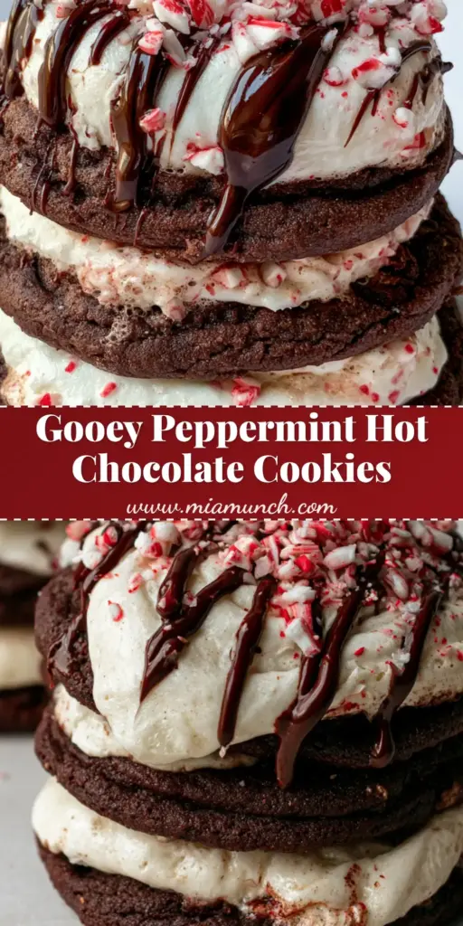 Peppermint Hot Chocolate Cookies (Soft-Baked & Fudgy) 4 A stack of thick, soft-baked Peppermint Hot Chocolate Cookies topped with melted marshmallows and dark chocolate icing.