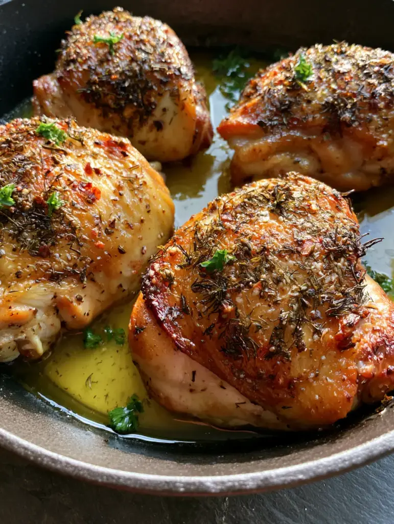 Baked Ranch Chicken Thighs with Extra Crispy Skin 1 Close up of seasoned skin on Baked Ranch Chicken Thighs sitting in a pool of melted butter and chicken fat.