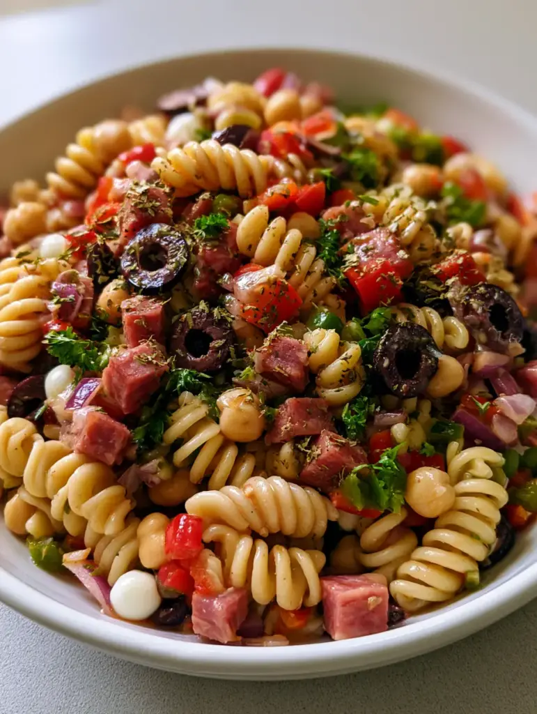 Detailed view of fresh mozzarella pearls and glistening Italian dressing on a High-Protein Italian Pasta Salad.