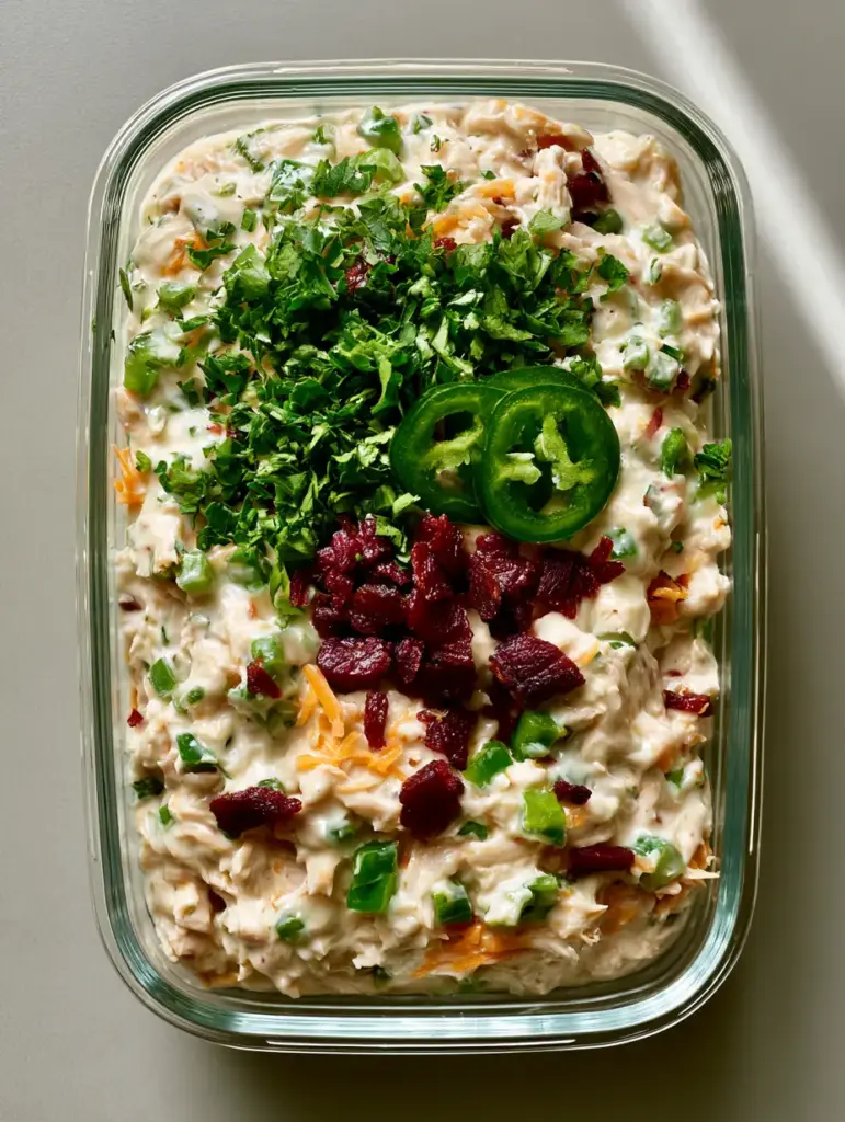 Top-down view of creamy chicken salad with vibrant green jalapenos and orange cheddar shreds. (Jalapeno Popper Chicken Salad)
