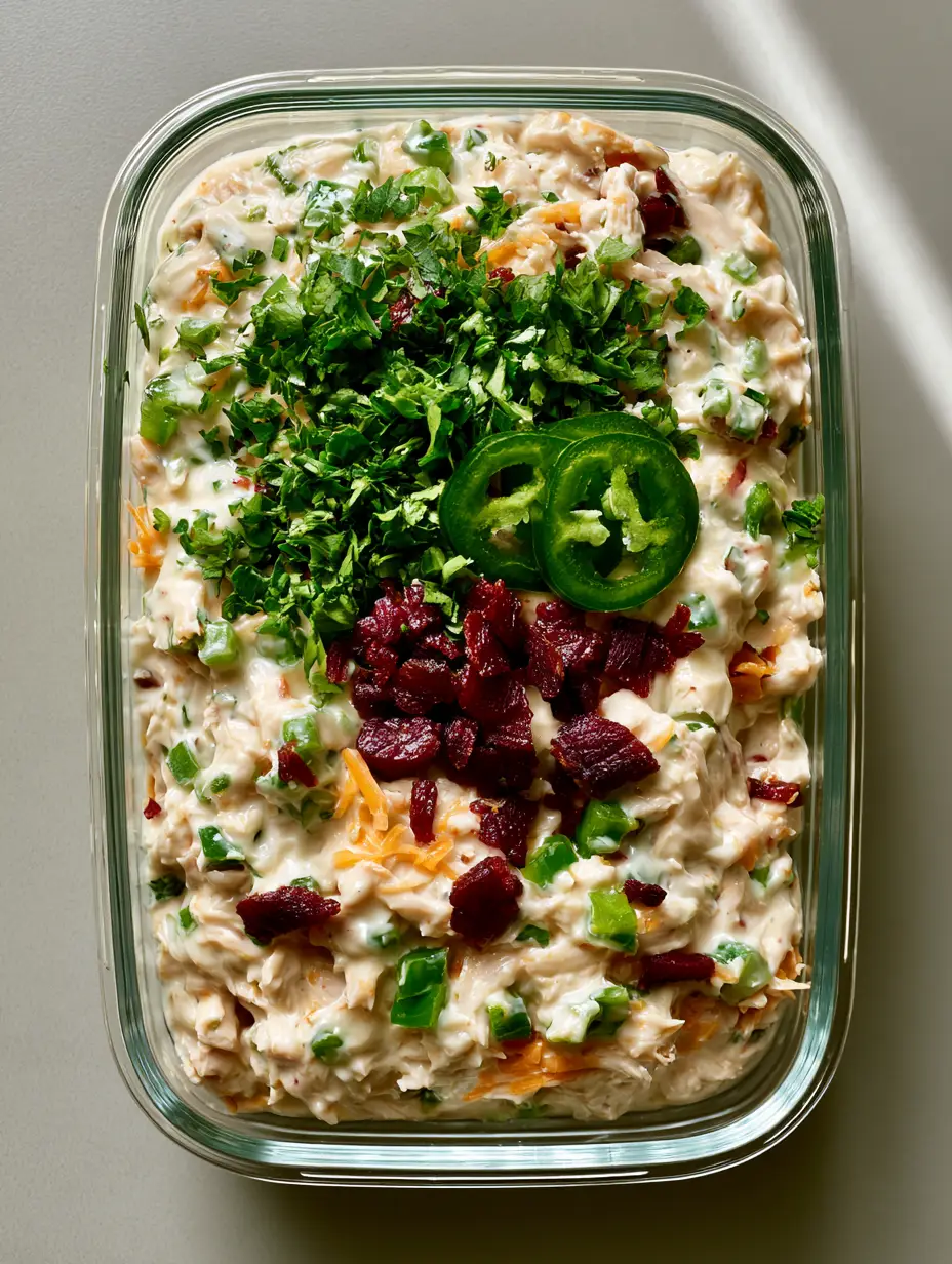 Top-down view of creamy chicken salad with vibrant green jalapenos and orange cheddar shreds. (Jalapeno Popper Chicken Salad)