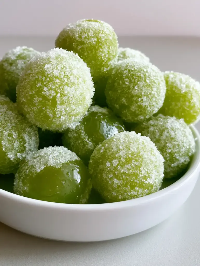 Close up of Boozy Grapes in a bowl with glistening wet patches under a sugar crust.