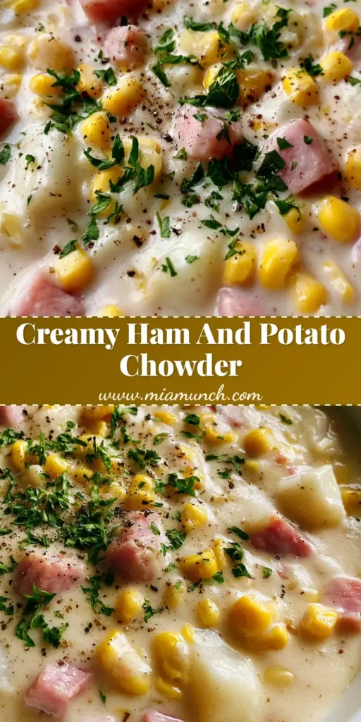 Ham and Potato Corn Chowder: The Ultimate Creamy Comfort Food 3 A close-up shot of creamy Ham and Potato Corn Chowder in a white bowl with visible pink ham, yellow corn, and green parsley.