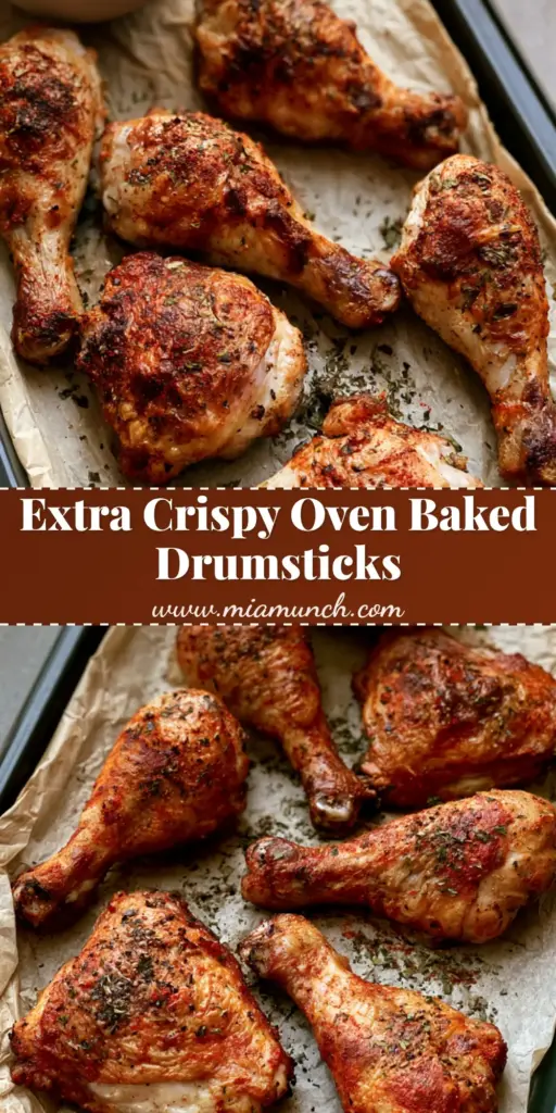 Crispy Oven Baked Chicken Drumsticks with Smoked Paprika 4 Six roasted Crispy Oven Baked Chicken Drumsticks on crumpled parchment paper with ranch dipping sauce and chives.