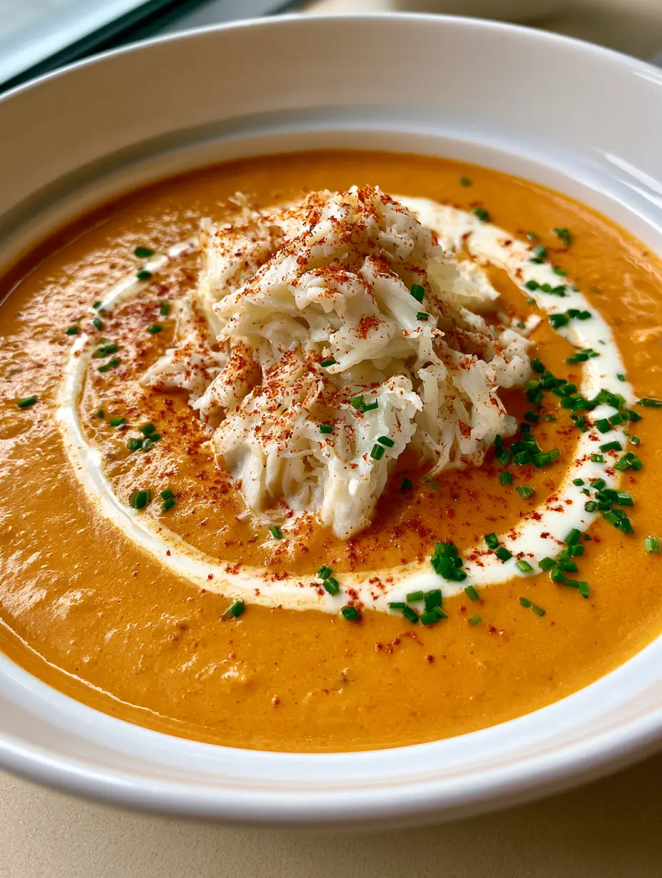 A close-up shot of thick, velvety, orange-hued crab bisque in a white bowl with a central mound of white lump crab meat and chives. (Crab Bisque Recipe)