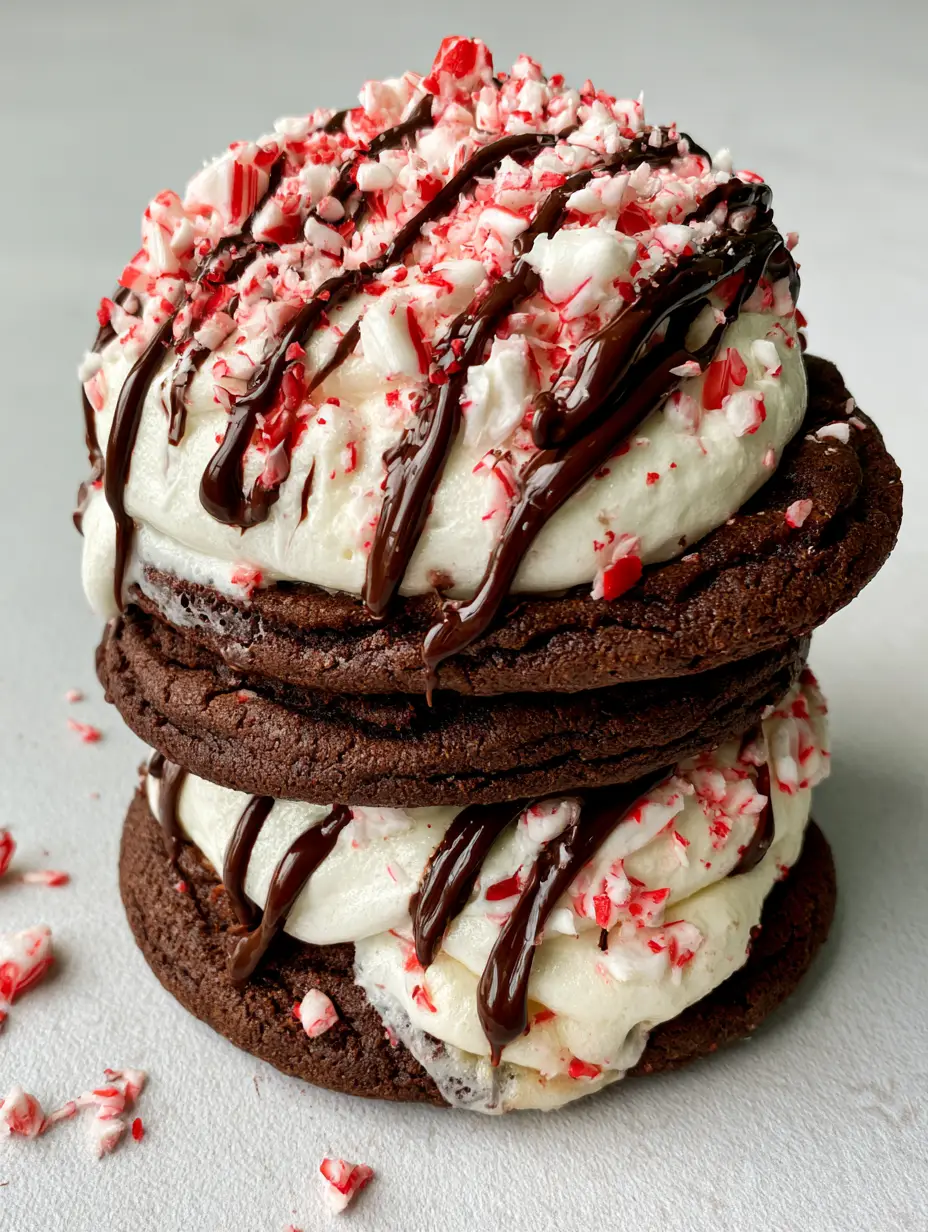 Peppermint Hot Chocolate Cookies (Soft-Baked & Fudgy) 3 Close-up of Peppermint Hot Chocolate Cookies with glossy dark chocolate drizzle and crushed candy canes.
