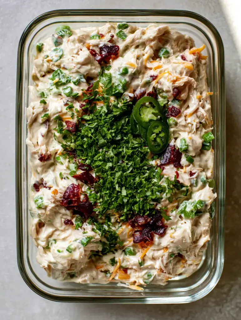 Rectangular meal prep container filled with Jalapeno Popper Chicken Salad garnished with parsley and jalapeno rounds.