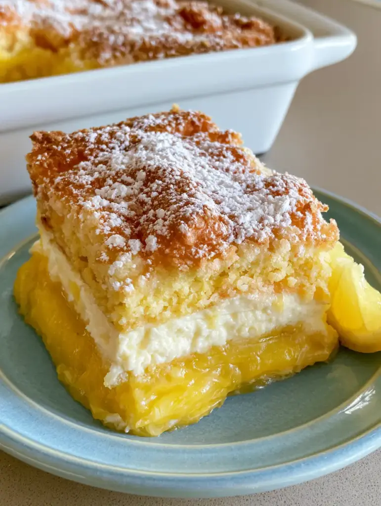 A handheld smartphone photo of a Lemon Cream Cheese Dump Cake slice on a blue plate next to the baking dish.