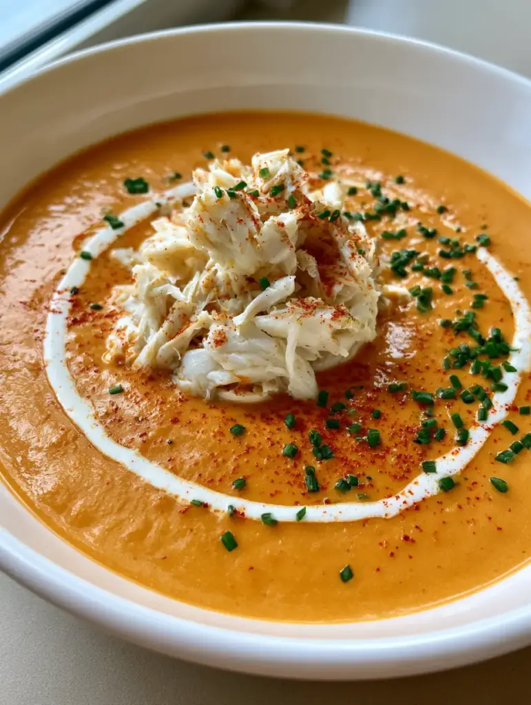A bowl of crab bisque showing a thin swirl of white heavy cream and a dusting of red paprika over flaked white crab meat.